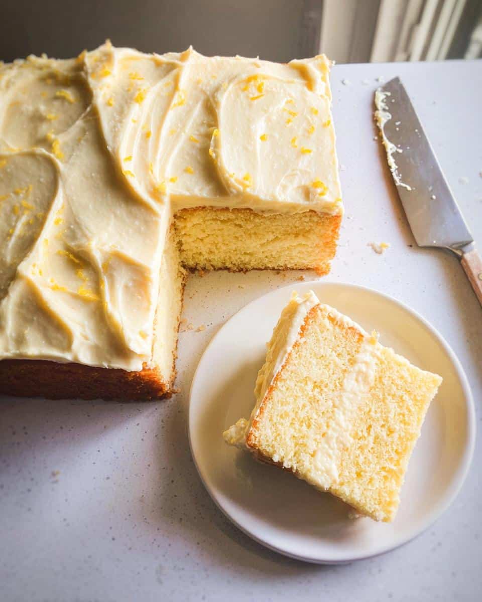 A slice of moist Lemon Yogurt Sheet Cake served on a white plate next to the main cake, topped with thick lemon frosting.