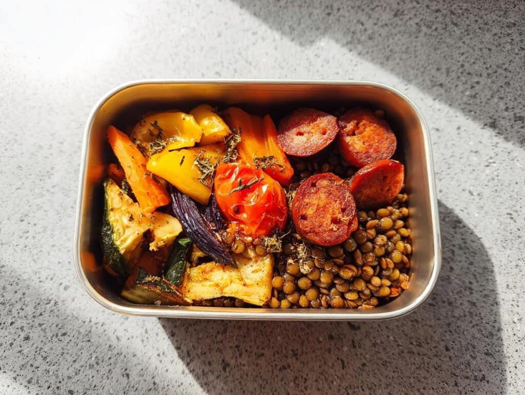 Overhead view of a stainless steel container packed with Lentil & Roasted Vegetable Lunch Box ingredients.