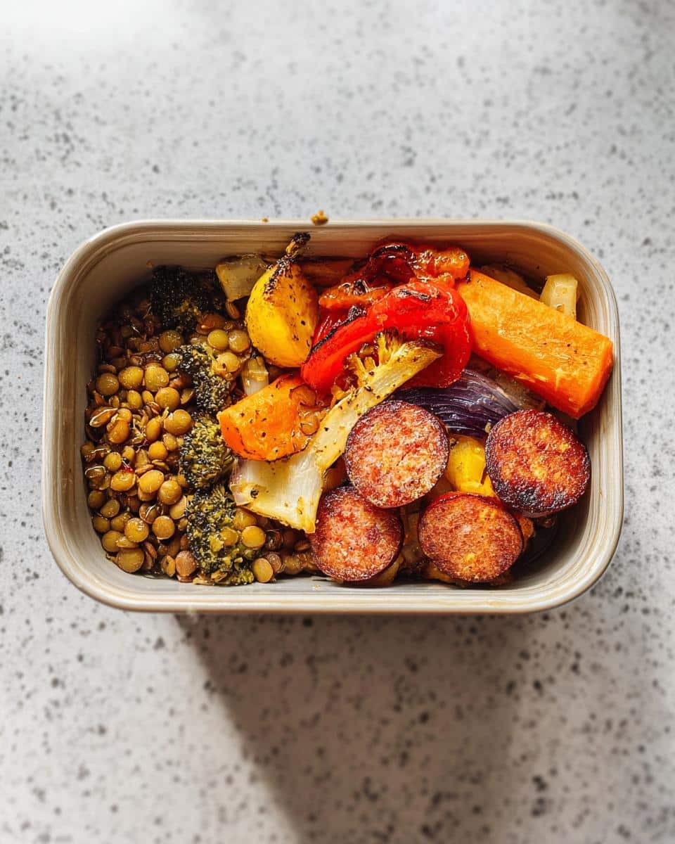 Overhead view of a packed lunch box containing lentils, roasted vegetables, and sliced sausage, perfect for a Lentil & Roasted Vegetable Lunch Box.