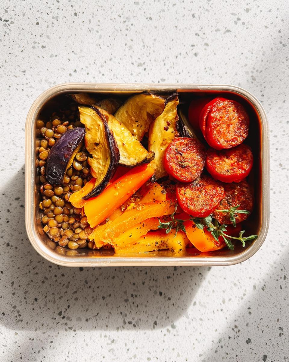 Overhead view of a healthy Lentil & Roasted Vegetable Lunch Box with lentils, roasted carrots, eggplant, and tomatoes.