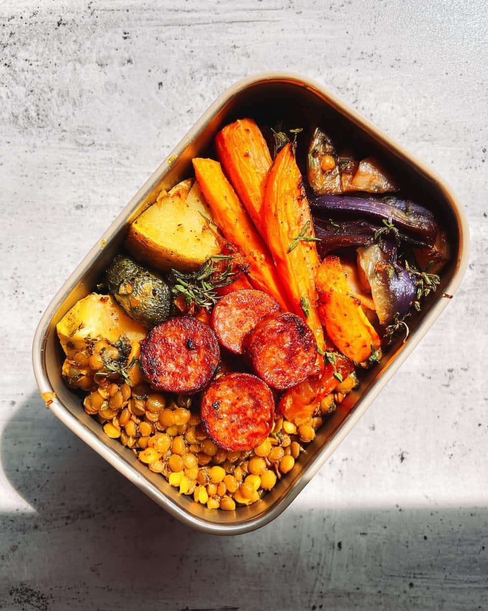 Overhead view of a metal lunch box filled with lentils, roasted carrots, potatoes, and slices of sausage, perfect for a Lentil & Roasted Vegetable Lunch Box.