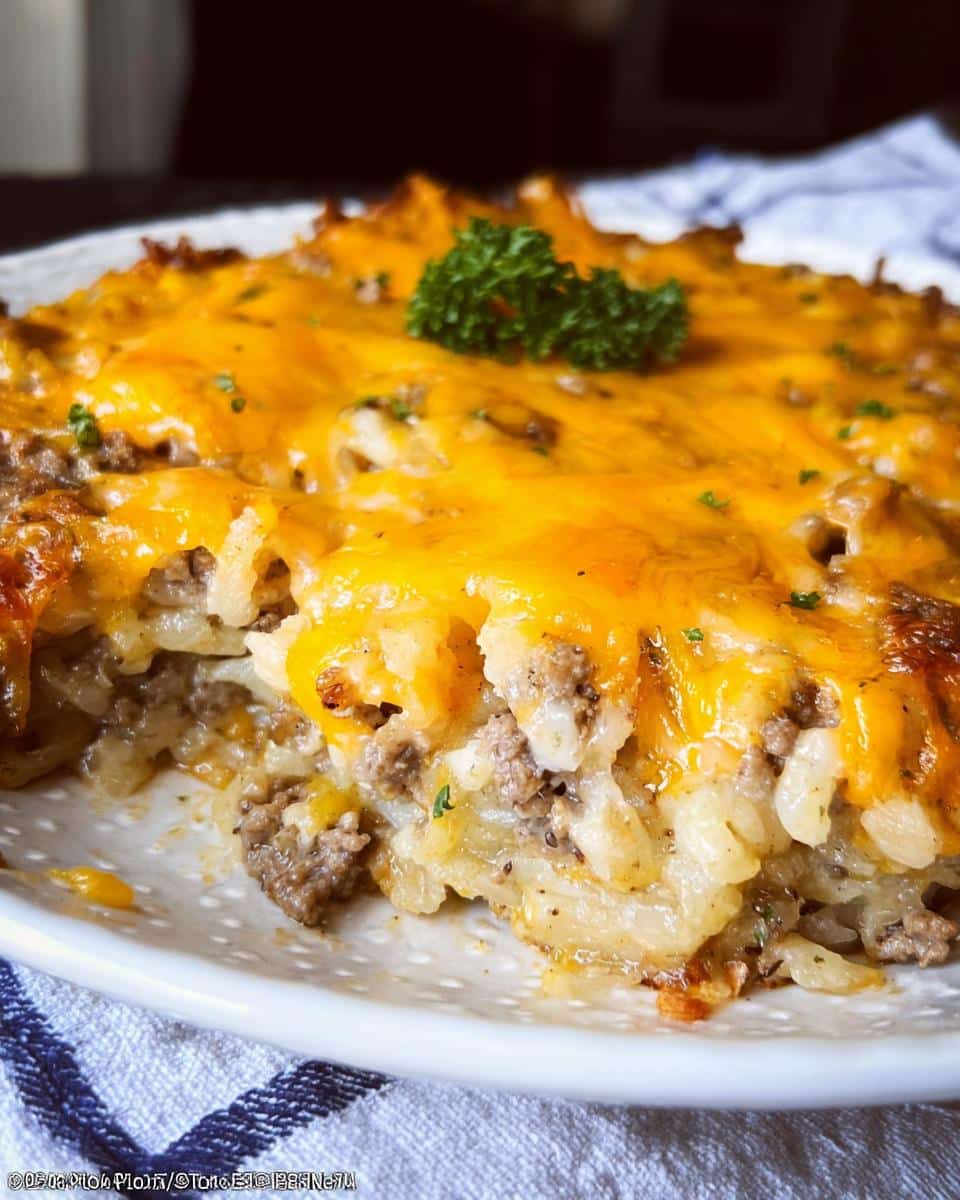 Close-up of a scoop taken from the Loaded Hashbrown & Beef Oven Bake, showing layers of hashbrowns, ground beef, and melted cheddar cheese.