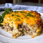 A hearty slice of Loaded Hashbrown & Beef Oven Bake topped with melted cheddar cheese and parsley.
