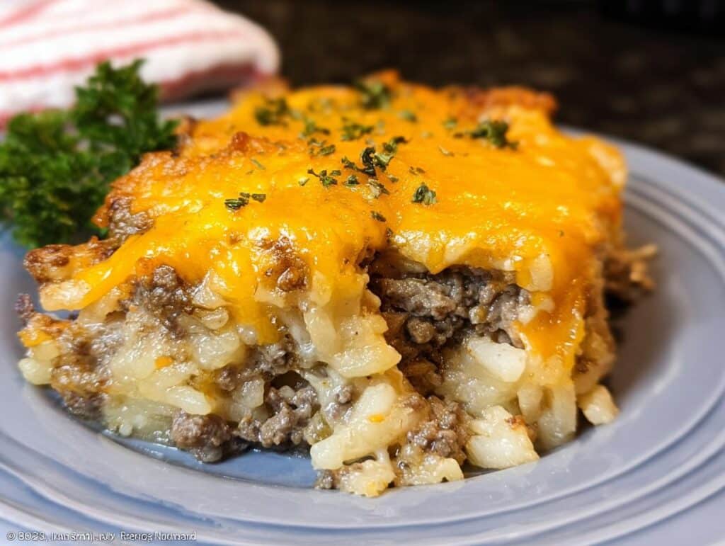 Close-up of a hearty slice of Loaded Hashbrown & Beef Oven Bake topped with melted cheddar cheese and parsley.