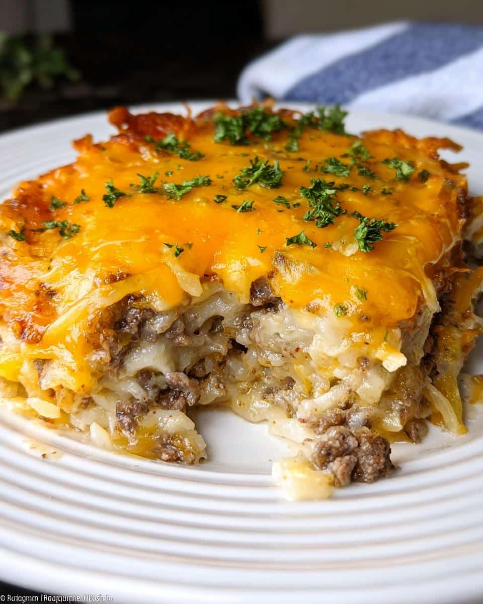 A close-up of a serving of Loaded Hashbrown & Beef Oven Bake topped with melted cheddar cheese and parsley.