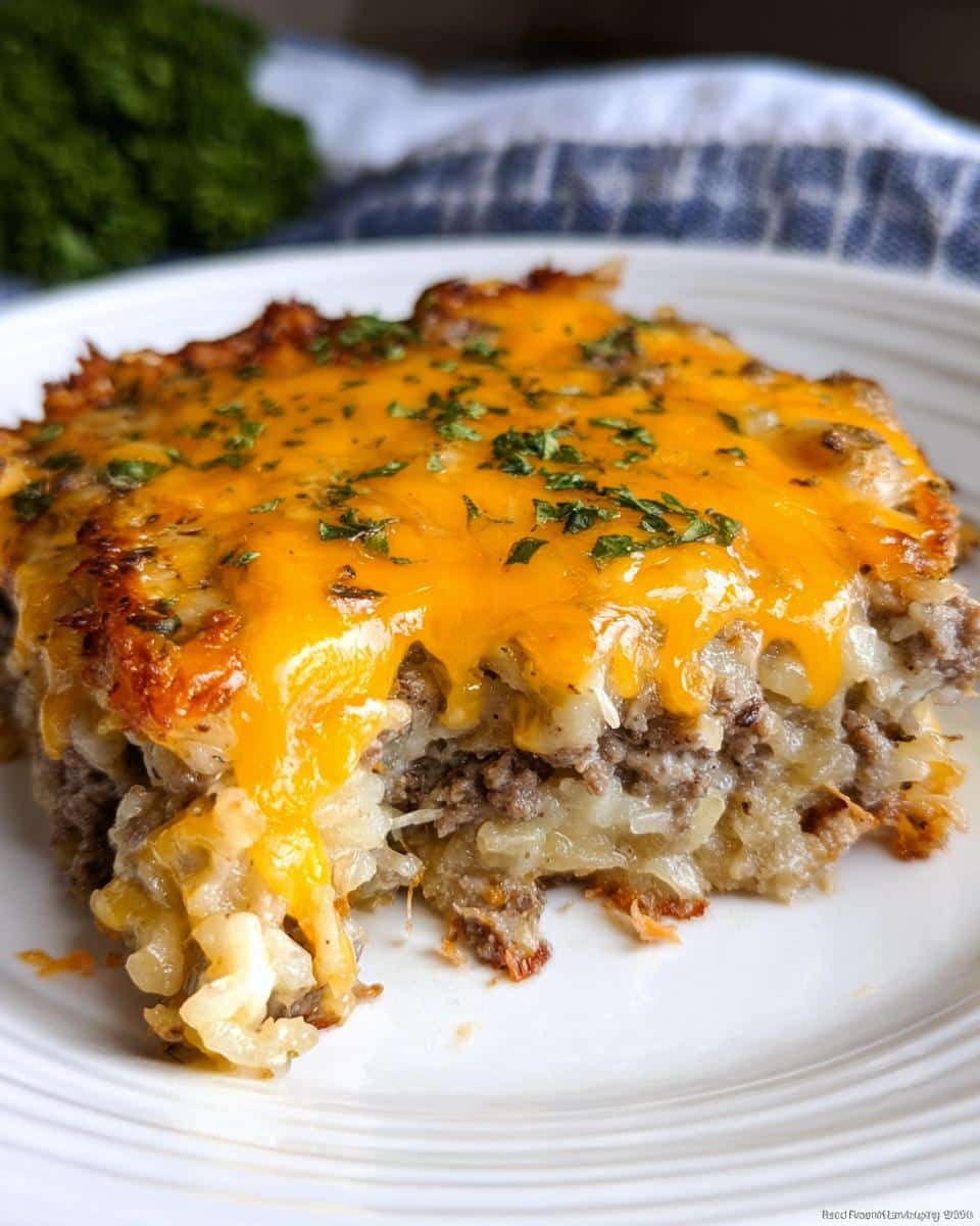 Close-up of a serving of Loaded Hashbrown & Beef Oven Bake topped with melted cheddar cheese and parsley.