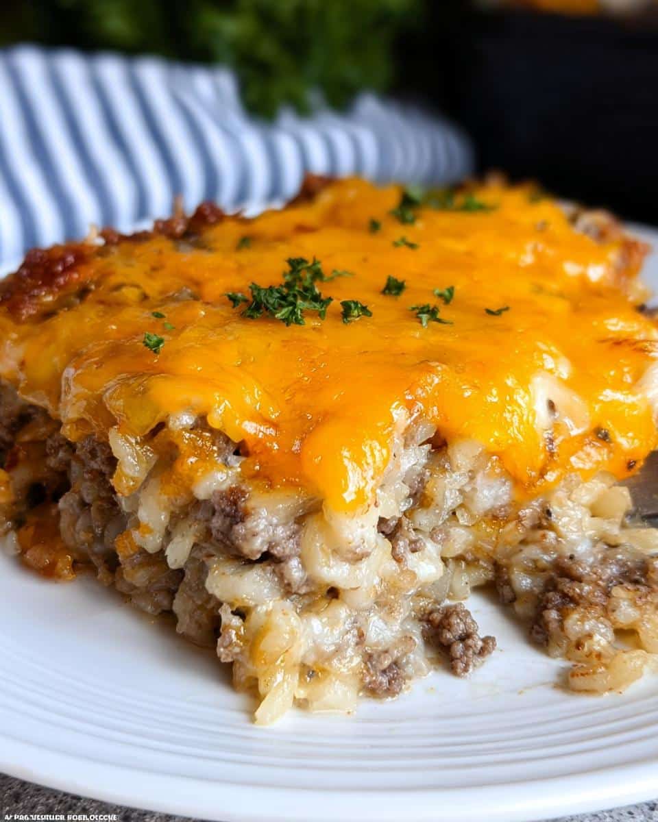 Close-up of a serving of Loaded Hashbrown & Beef Oven Bake topped with melted cheddar cheese and parsley.