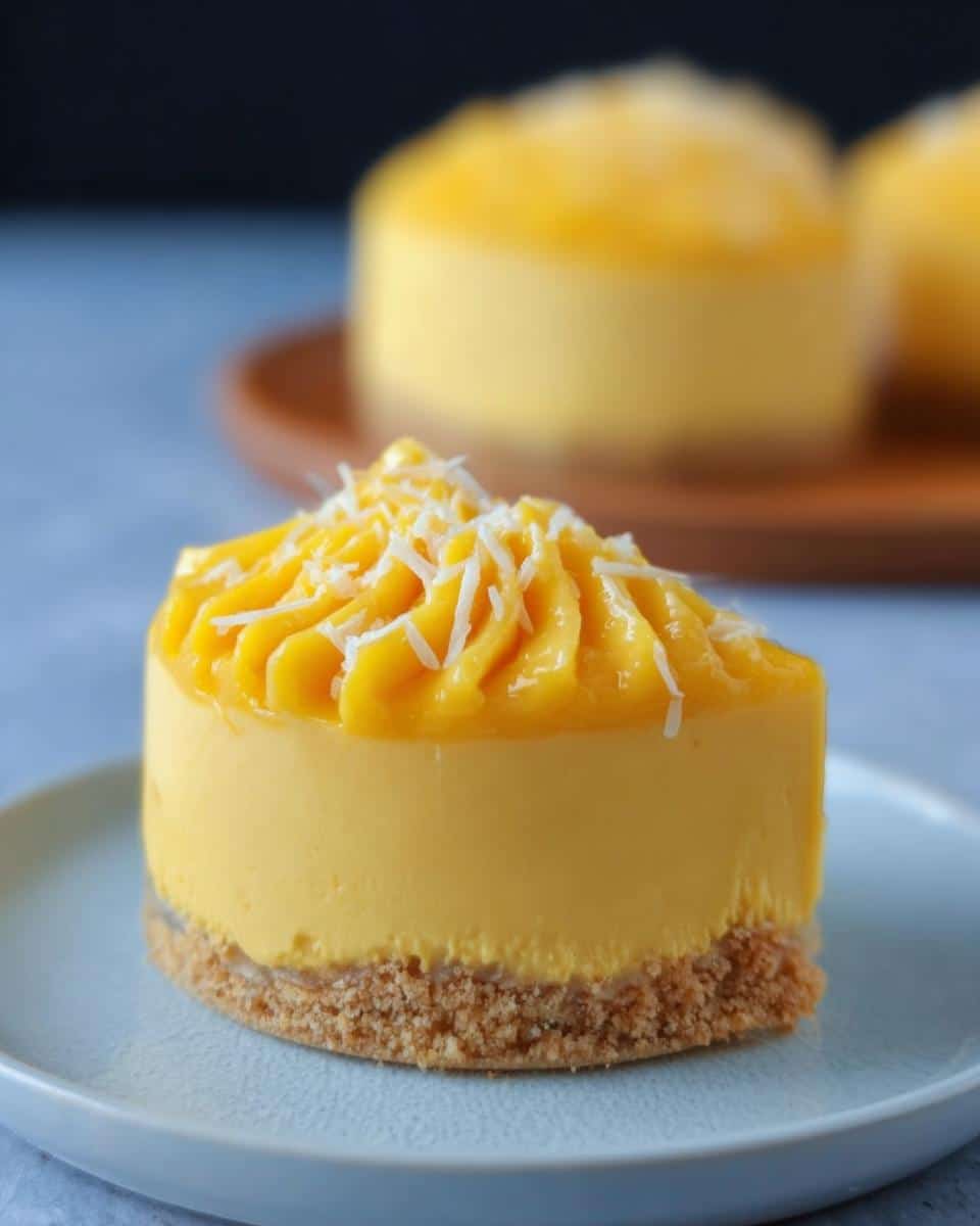 Close-up of a single serving Mango Mousse Thermomix Cup with a crumb base and shredded coconut topping.