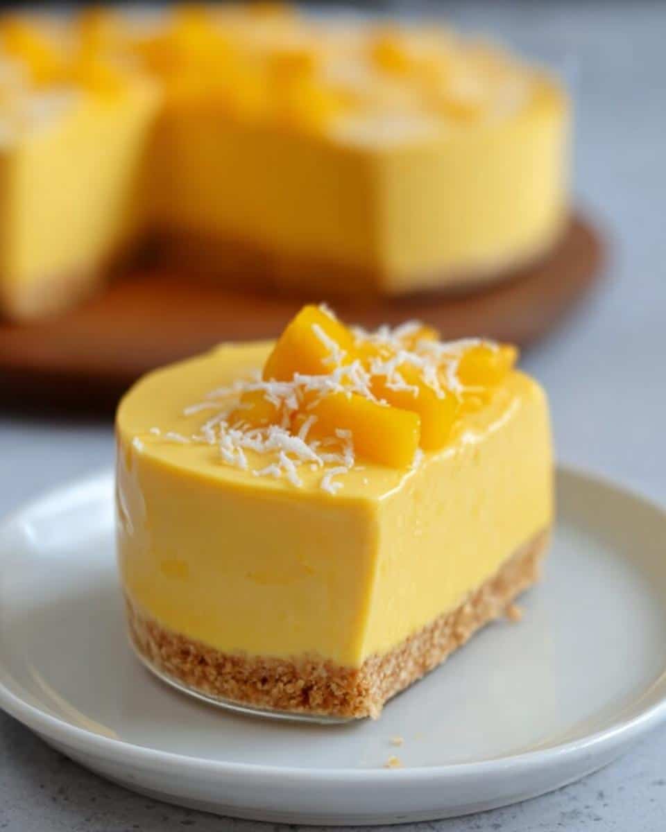 A single serving of bright yellow Mango Mousse Thermomix Cups on a white plate, topped with diced mango and coconut flakes.