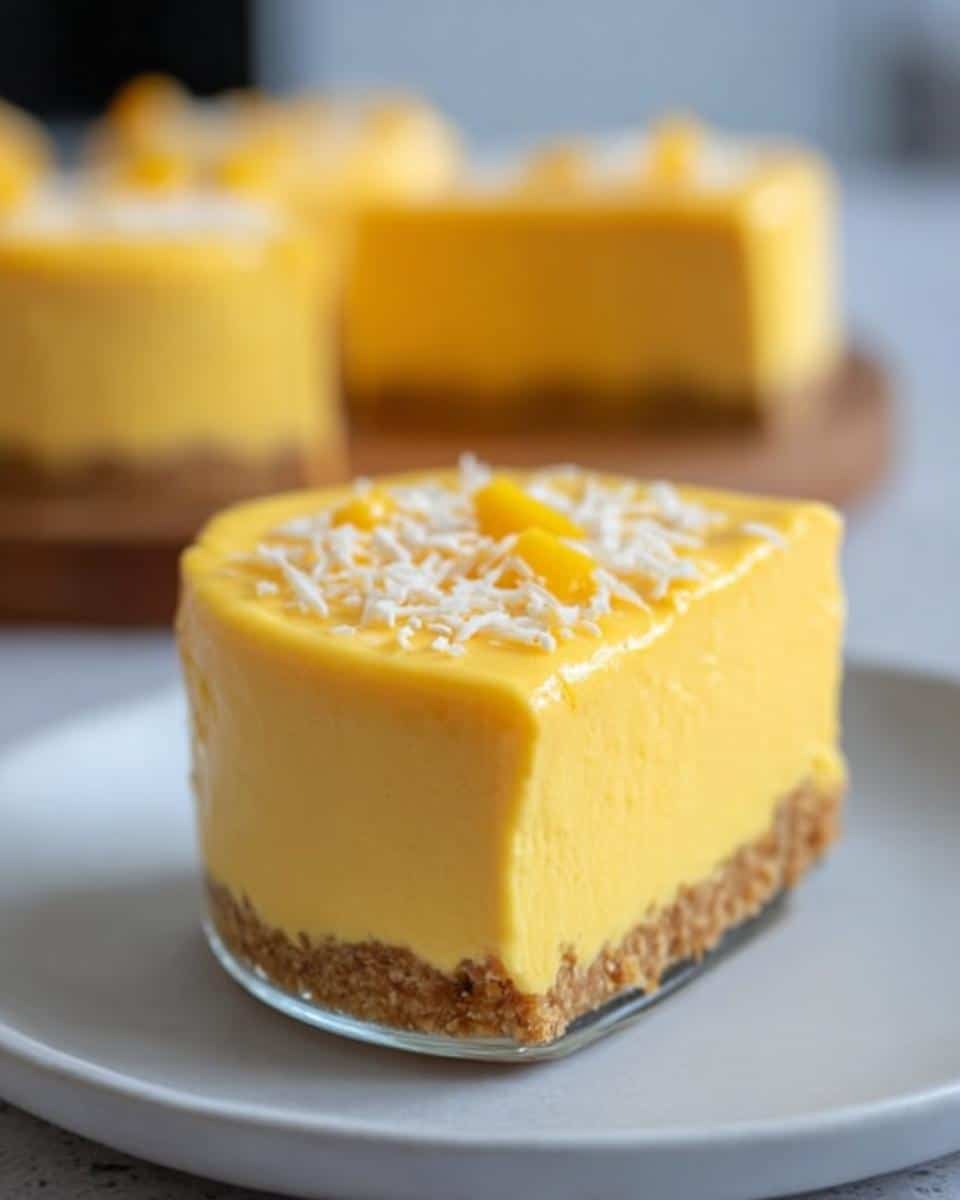 Close-up of a single serving Mango Mousse Thermomix Cups on a plate with a graham cracker crust.