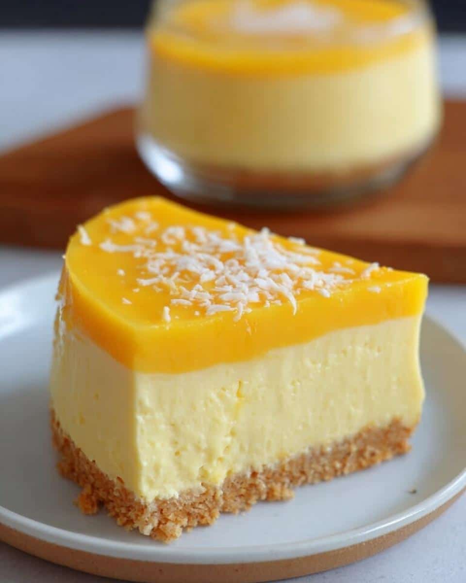 A slice of layered Mango Mousse Thermomix Cups dessert with a biscuit base, creamy filling, and mango topping.