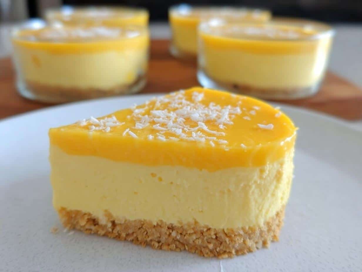 A slice of layered Mango Mousse Thermomix Cups showing a biscuit base, creamy mousse, and mango topping with shredded coconut.
