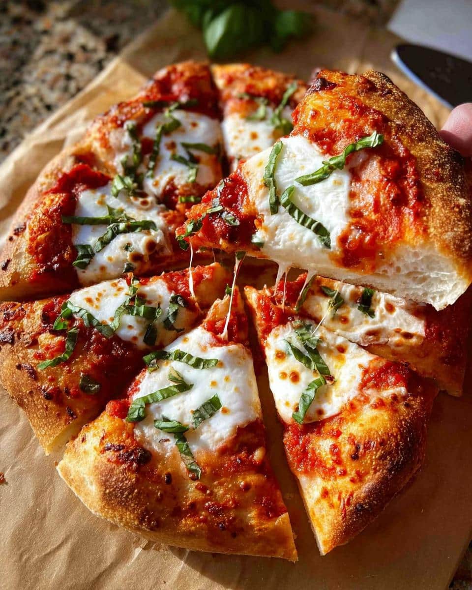 A hand pulling a slice of Margherita Pizza with Fresh Mozzarella, showing a cheese pull.