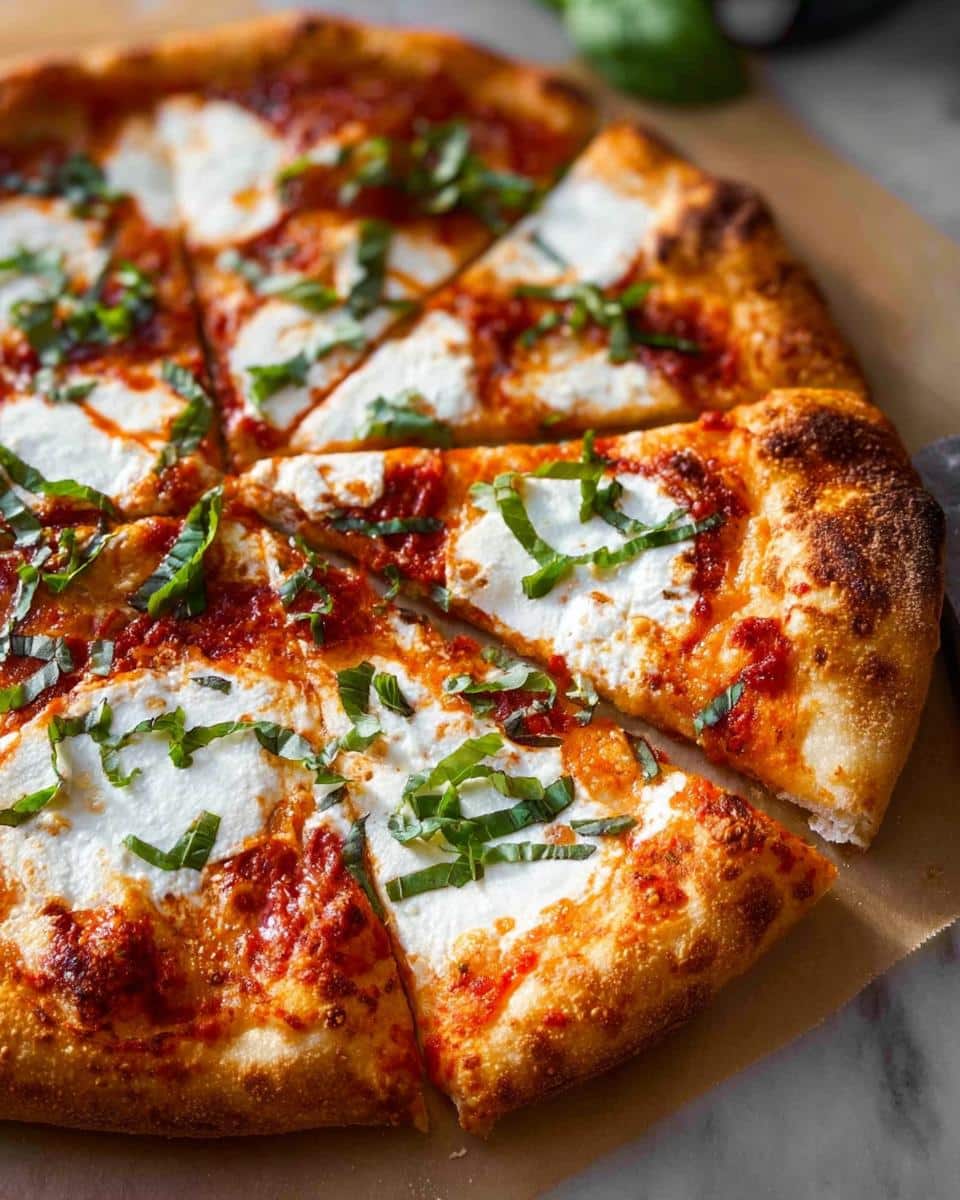 A freshly baked Margherita Pizza with Fresh Mozzarella, sliced into wedges and topped with bright green basil.