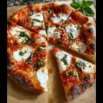 A freshly baked Margherita pizza with fresh mozzarella, tomato sauce, and basil, sliced with one piece pulled out.