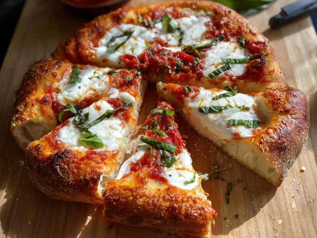 A freshly baked Margherita Pizza with Fresh Mozzarella, sliced on a wooden board, showing thick, airy crust.