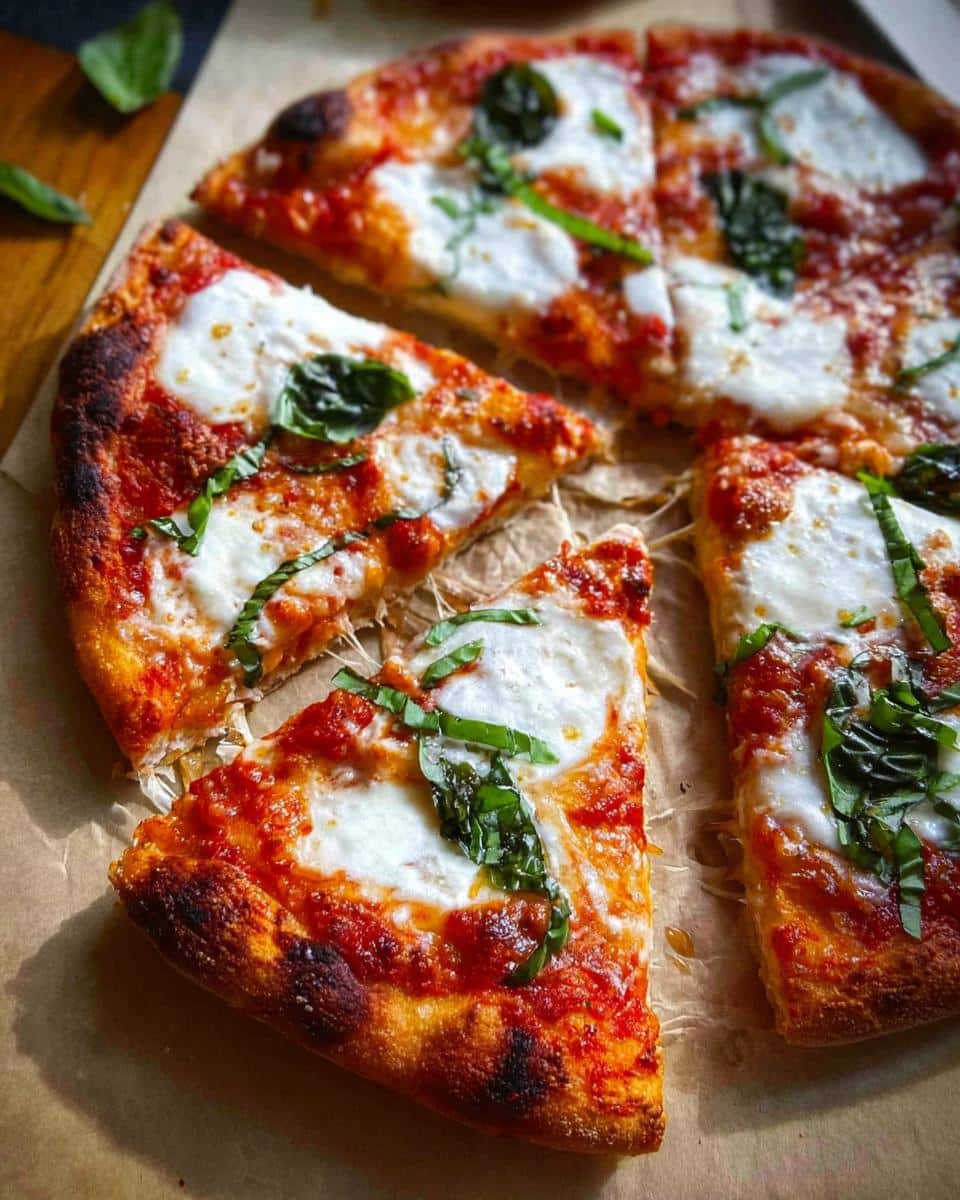 Close-up of a freshly baked Margherita Pizza with Fresh Mozzarella, cut into slices, showing melted cheese and basil.