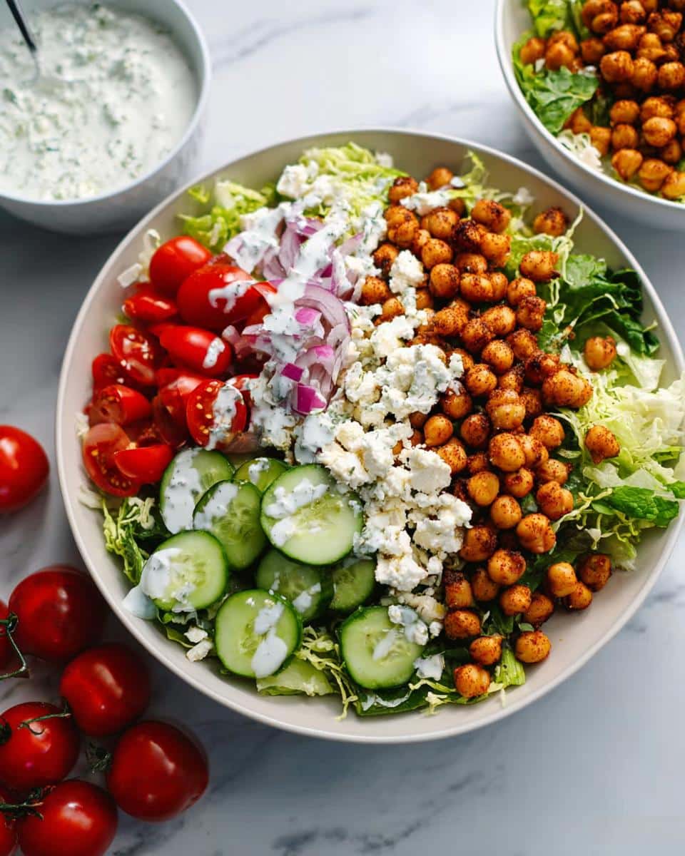 A colorful Mediterranean Chickpea Lunch Bowl featuring seasoned chickpeas, feta, cucumbers, tomatoes, and tzatziki dressing.