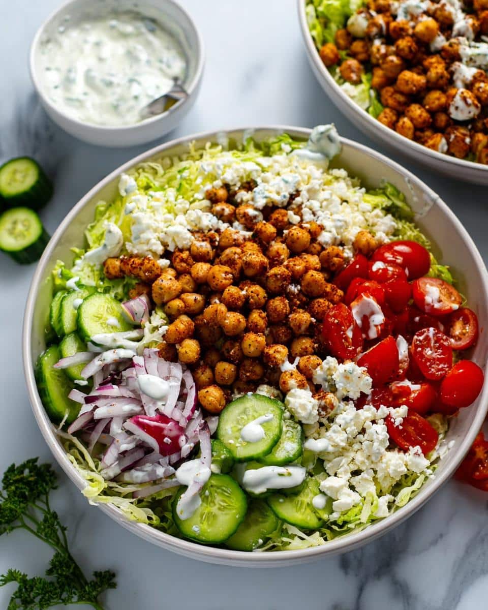 Close-up of a vibrant Mediterranean Chickpea Lunch Bowl topped with seasoned chickpeas, feta, cucumbers, tomatoes, and dressing.