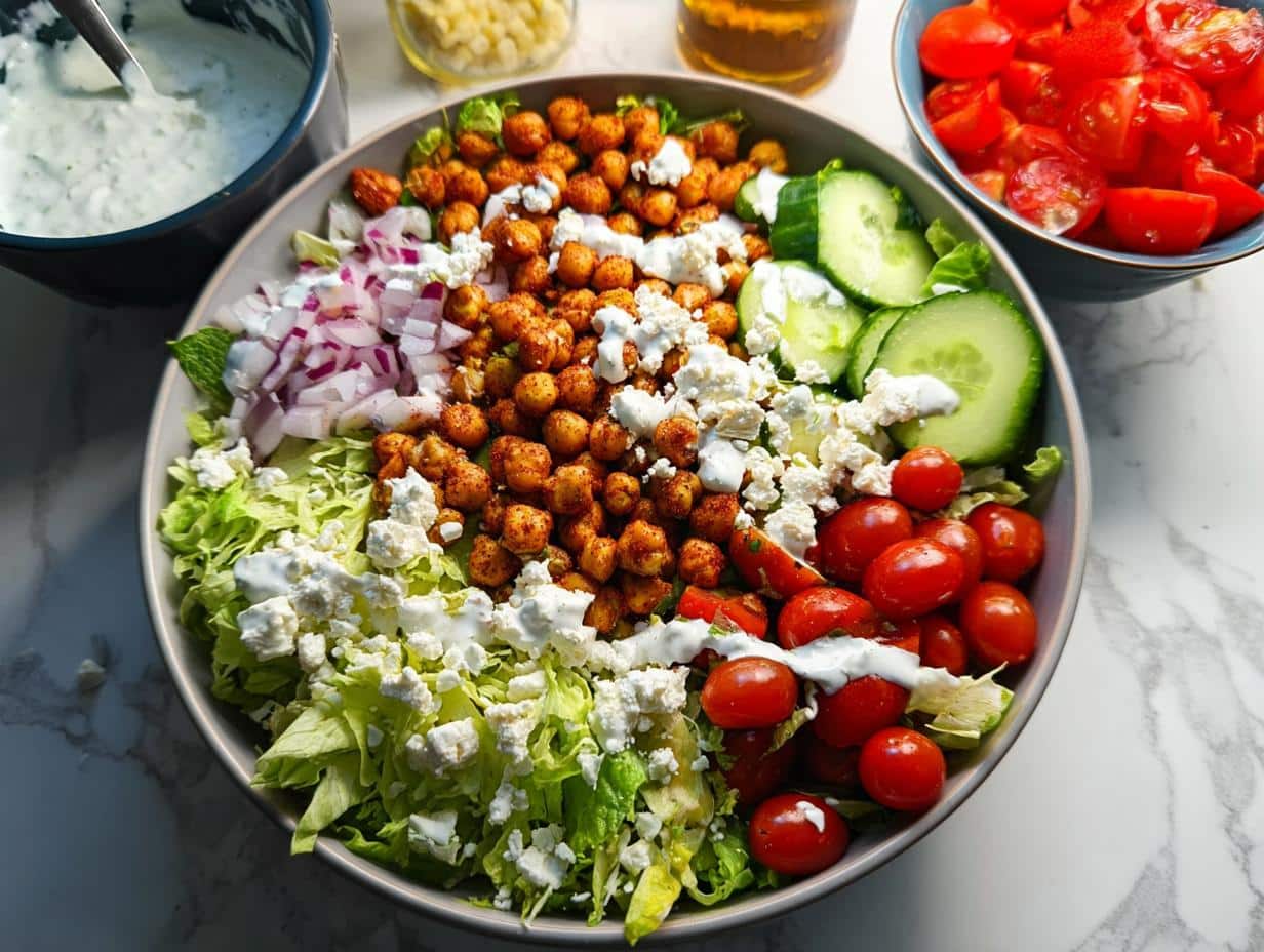 A vibrant Mediterranean Chickpea Lunch Bowl featuring spiced chickpeas, lettuce, tomatoes, cucumber, red onion, and feta cheese drizzled with sauce.