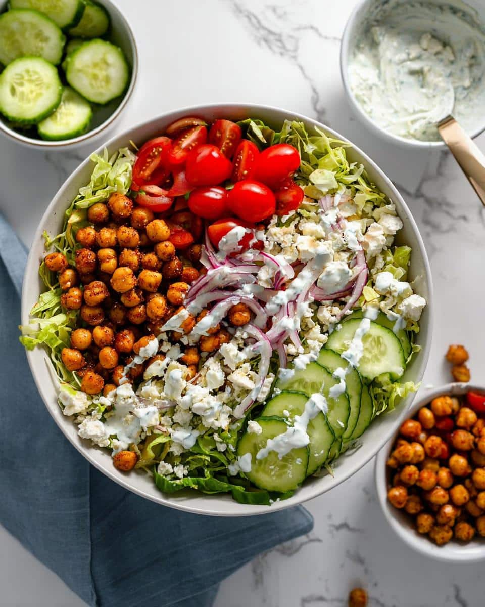 Overhead view of a Mediterranean Chickpea Lunch Bowl with spiced chickpeas, tomatoes, feta, and tzatziki dressing.