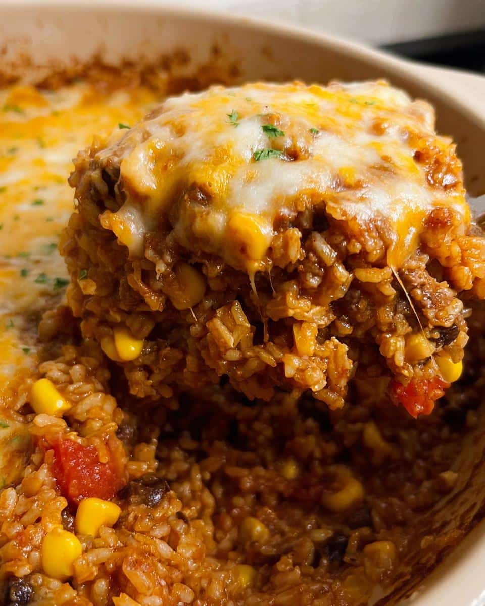 A spoonful of cheesy Mexican Beef Rice Casserole showing melted cheese, rice, corn, and black beans.