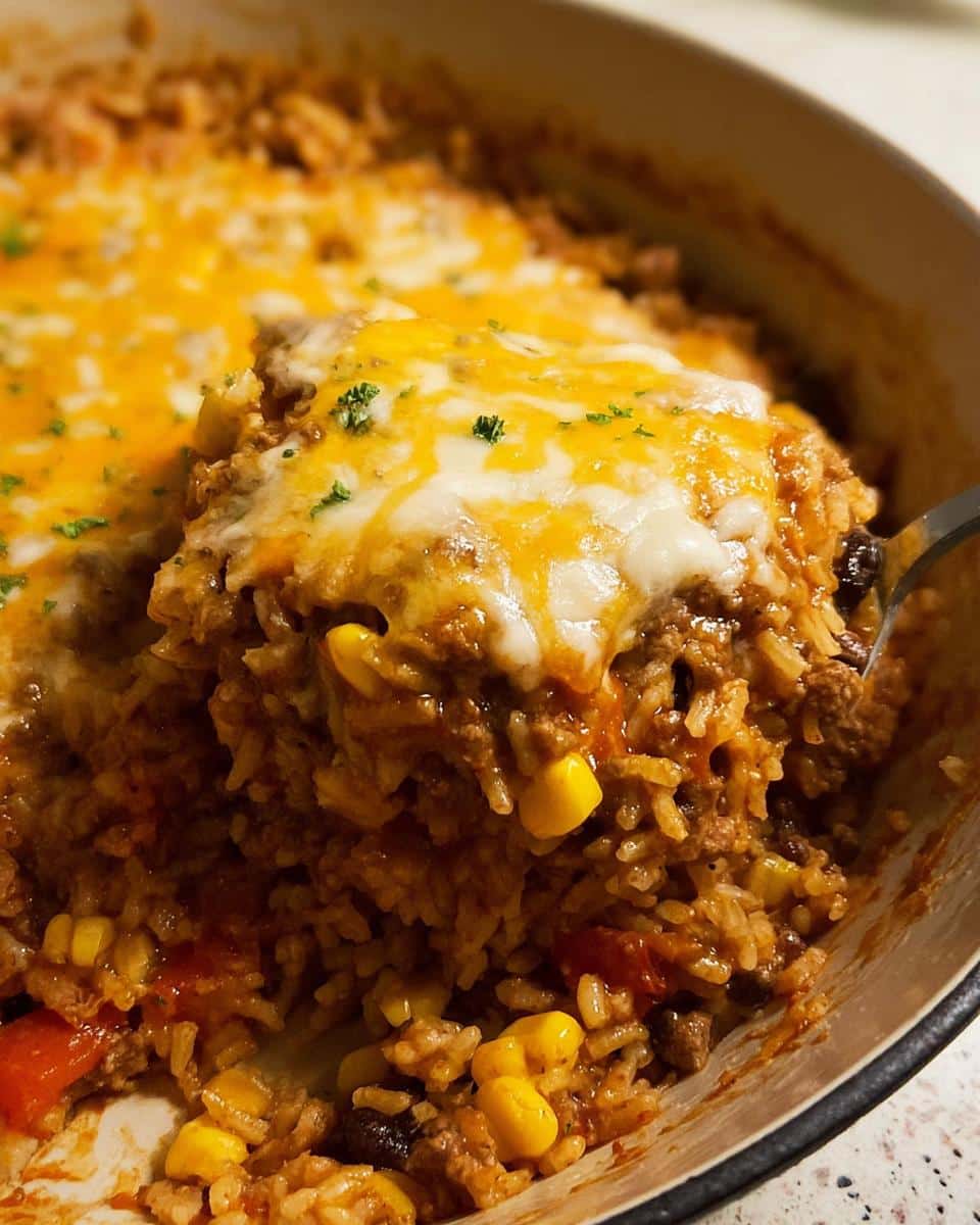 A spoonful of Mexican Beef Rice Casserole topped with melted cheddar and Monterey Jack cheese.