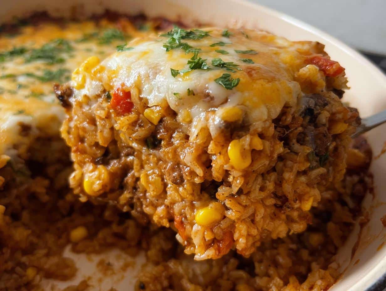 A spoonful of cheesy Mexican Beef Rice Casserole being lifted from the baking dish, showing rice, beef, and corn.