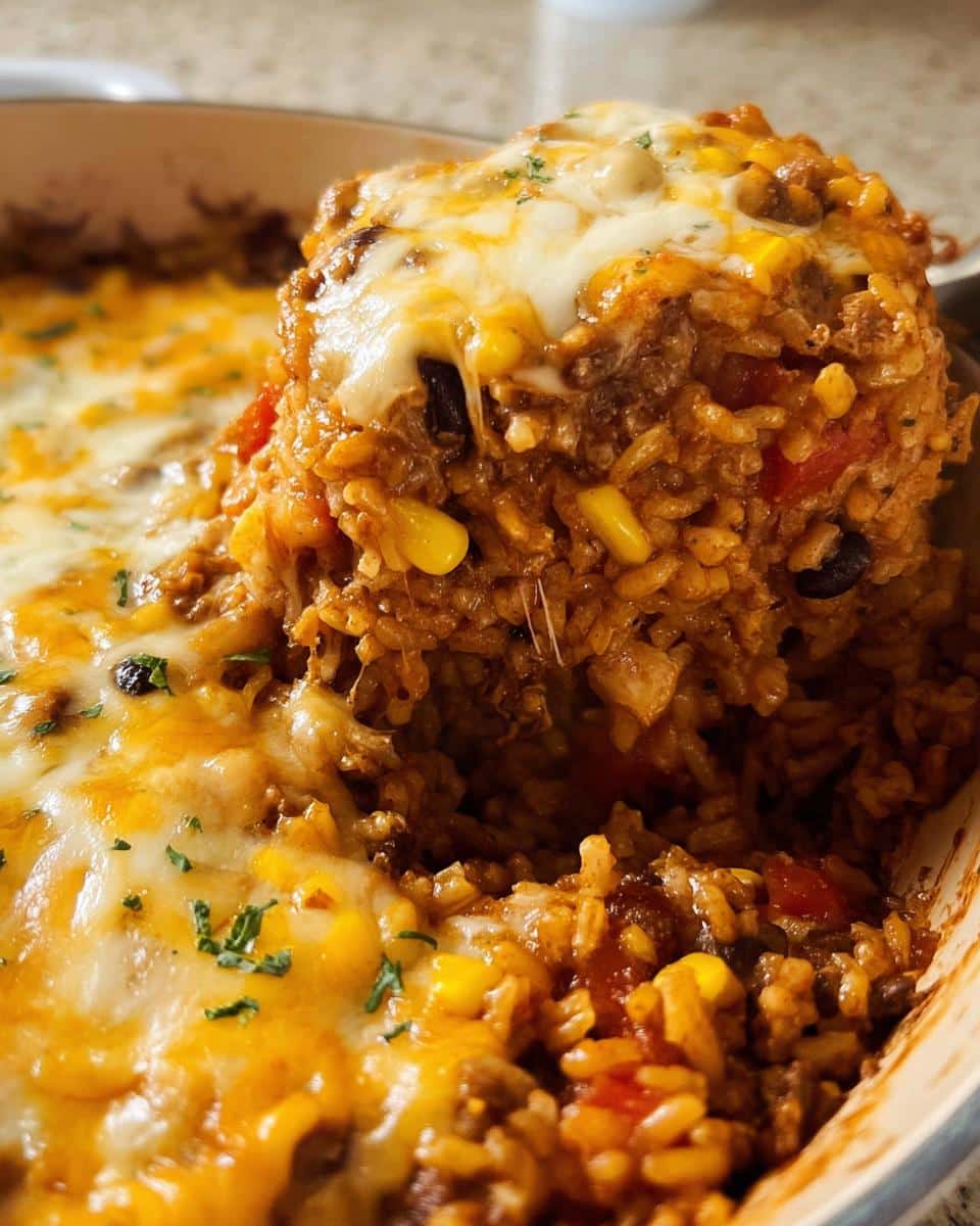 A scoop of rich Mexican Beef Rice Casserole topped with melted cheddar and Monterey Jack cheese.