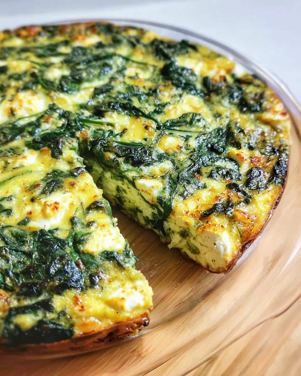 A golden-brown Mini Crustless Spinach & Feta Tart with one slice cut out, showing the fluffy interior.