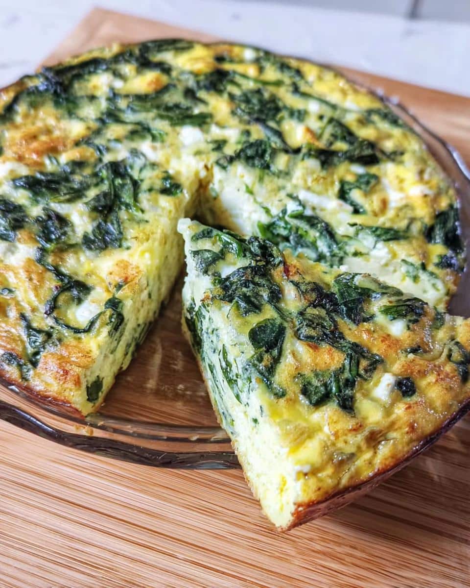 A slice has been cut from a baked Mini Crustless Spinach & Feta Tart, showing the fluffy egg base with spinach and feta.