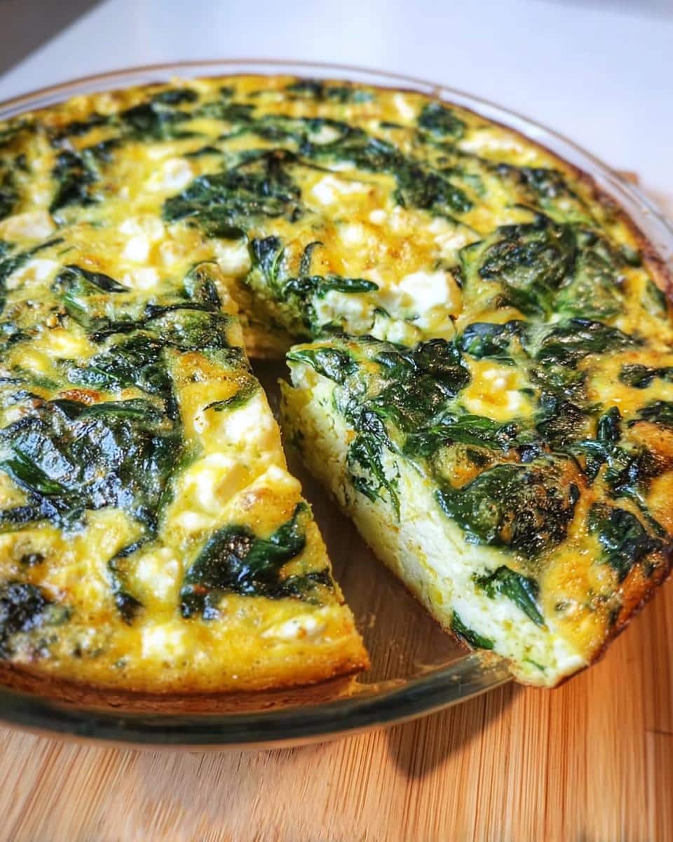 Close-up of a baked Mini Crustless Spinach & Feta Tart in a glass dish, showing a slice cut out.