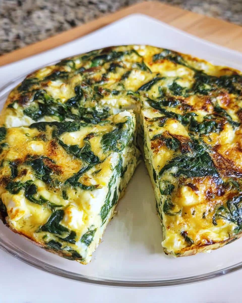 A baked Mini Crustless Spinach & Feta Tart with a slice cut out, showing the cheesy, eggy interior with dark green spinach.
