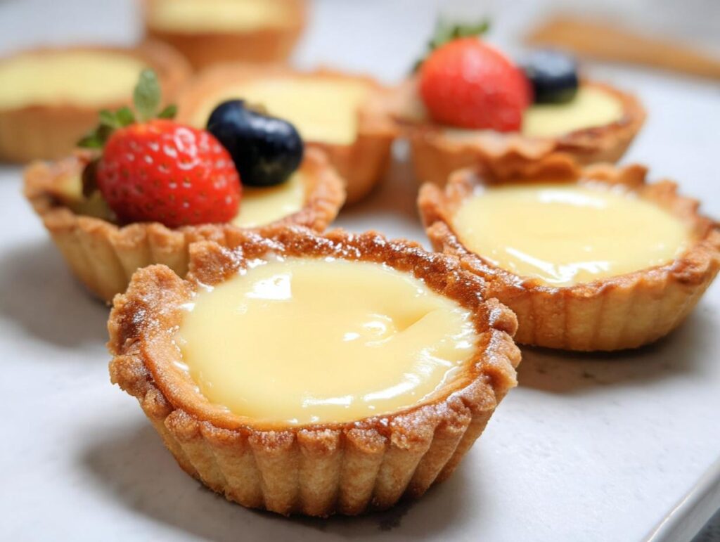 Close-up of several golden-crusted Mini Individual Custard Tarts, some topped with fresh strawberries and blueberries.