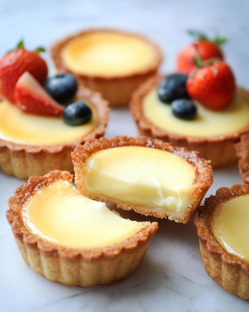 Close-up of Mini Individual Custard Tarts, one cut open showing the creamy filling, garnished with fresh strawberries and blueberries.
