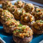 Close-up of several golden-brown Mini Sausage Stuffed Mushrooms garnished with fresh parsley on a bright blue platter.