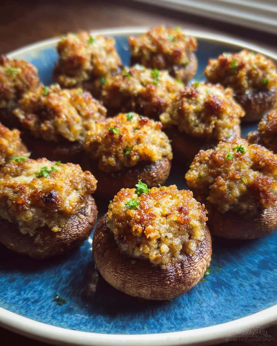 A close-up of several golden-brown Mini Sausage Stuffed Mushrooms arranged on a vibrant blue plate, garnished with parsley.