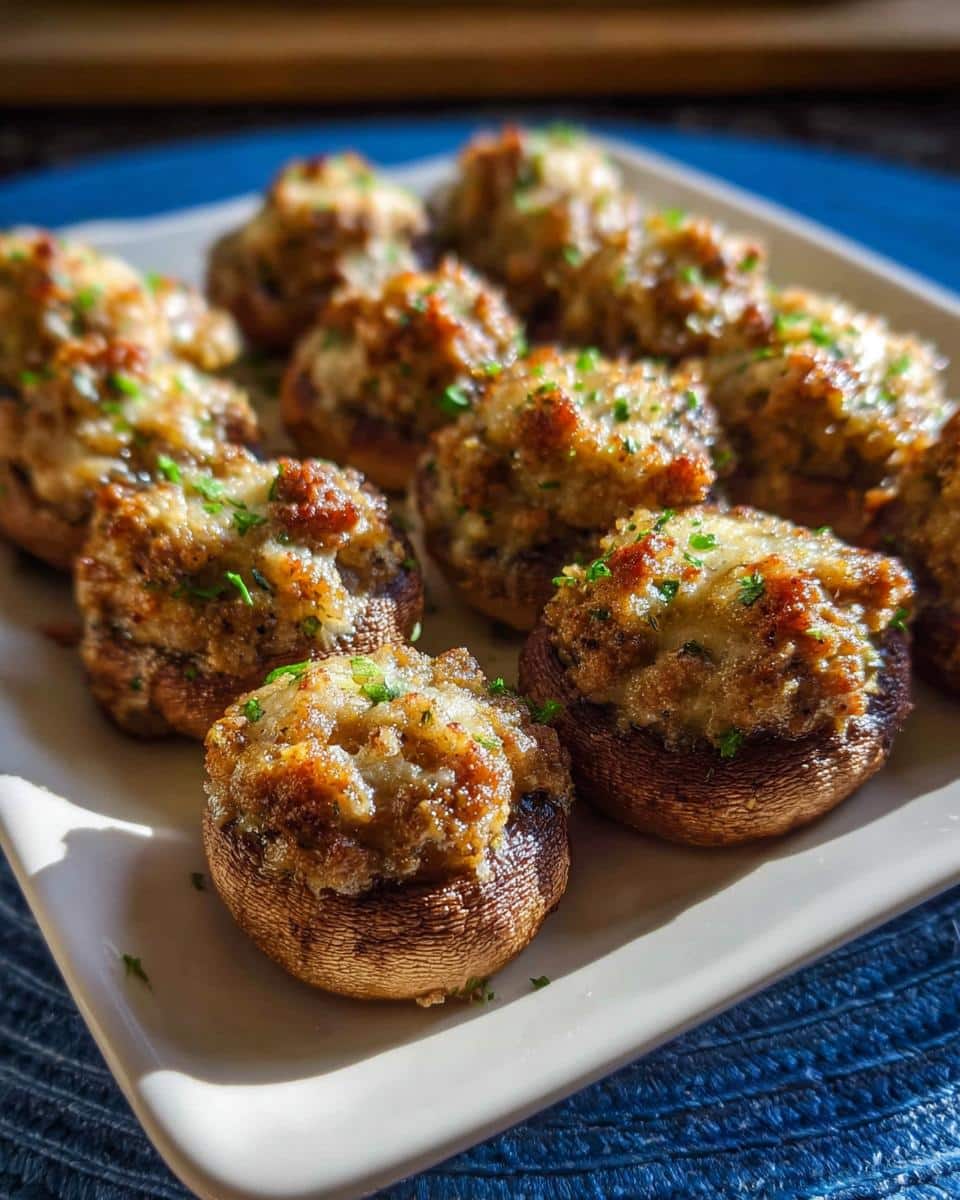 A platter of baked Mini Sausage Stuffed Mushrooms topped with melted cheese and fresh parsley.