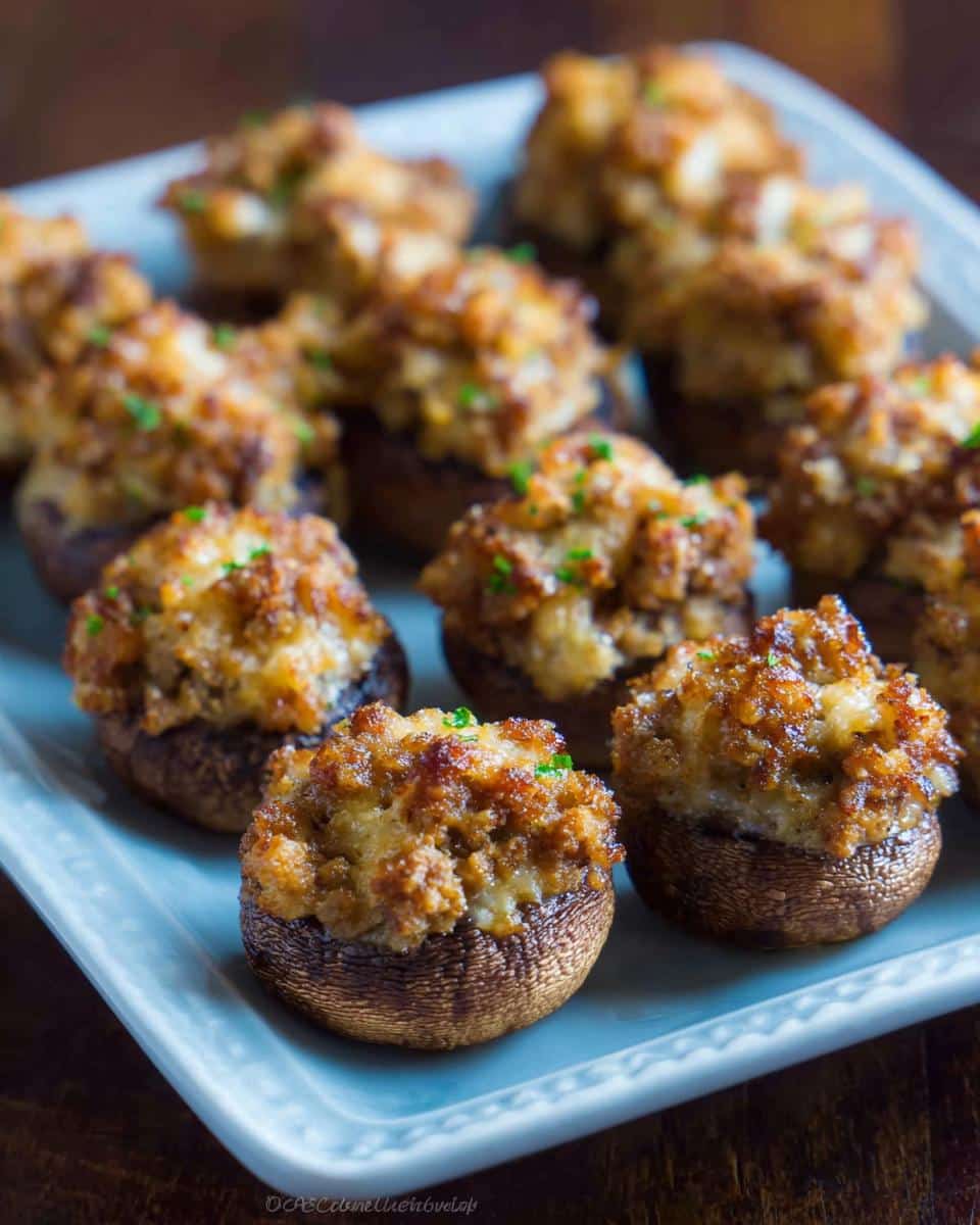 A platter filled with baked Mini Sausage Stuffed Mushrooms, featuring a browned, savory topping.