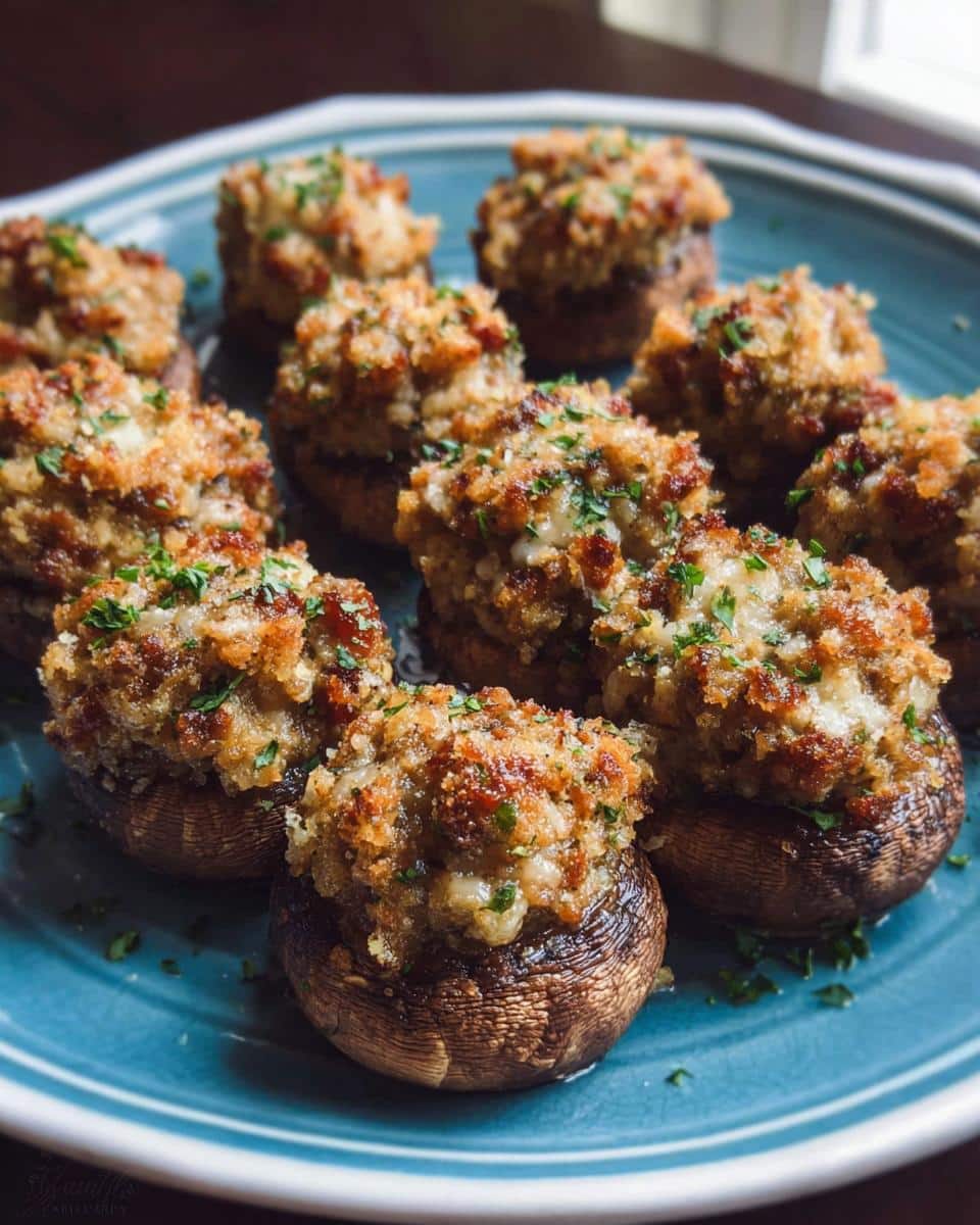 A platter of golden brown Mini Sausage Stuffed Mushrooms, topped with crispy breading and fresh parsley.