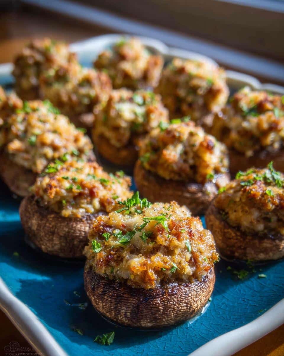 A close-up of baked Mini Sausage Stuffed Mushrooms garnished with fresh parsley on a bright blue platter.
