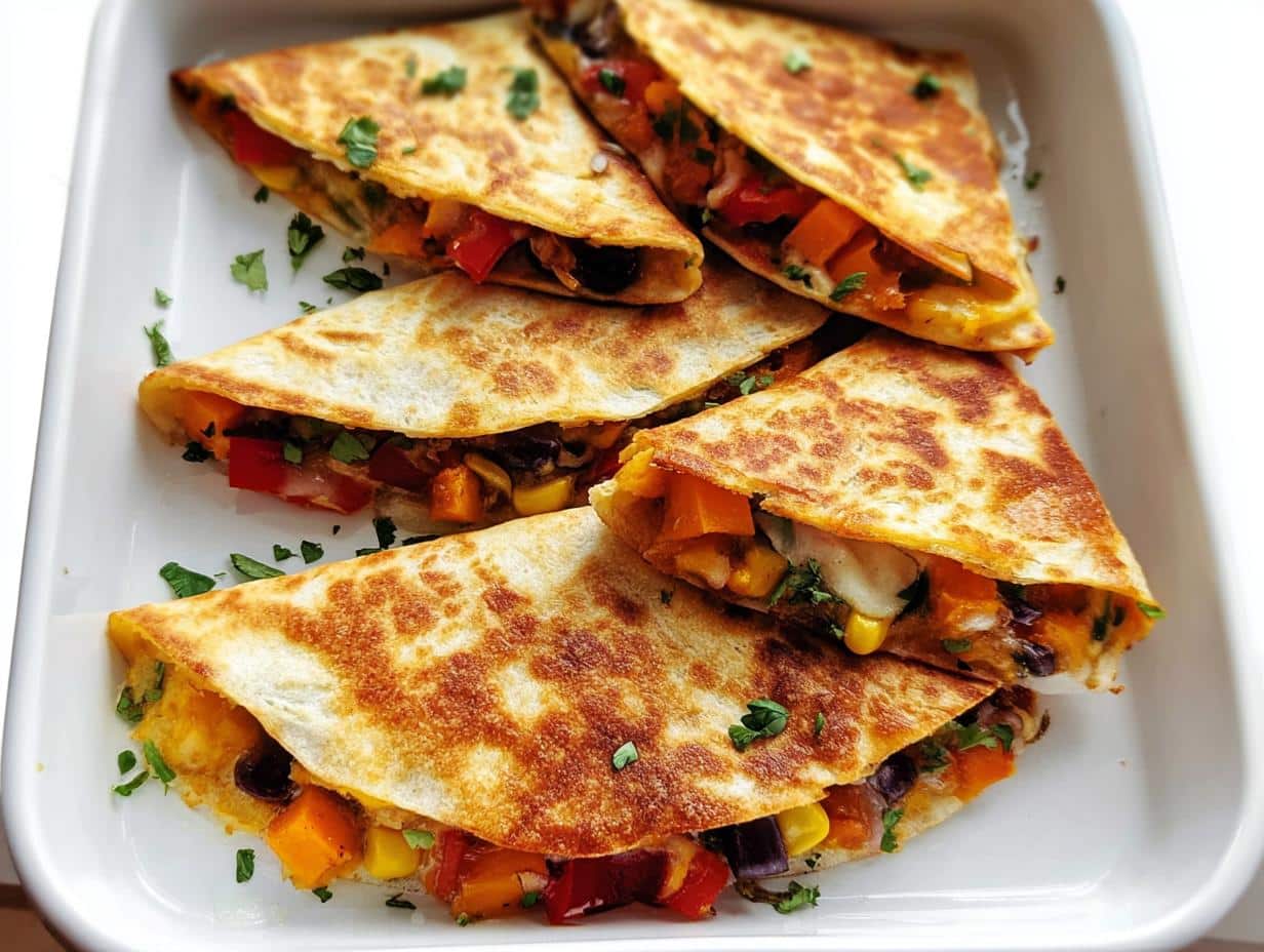 Four golden brown Mini Veggie Quesadillas triangles filled with colorful vegetables and cheese, garnished with cilantro.