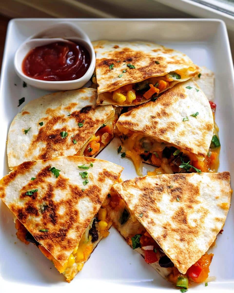 A plate of golden brown Mini Veggie Quesadillas cut into wedges, filled with melted cheese and colorful vegetables, served with salsa.