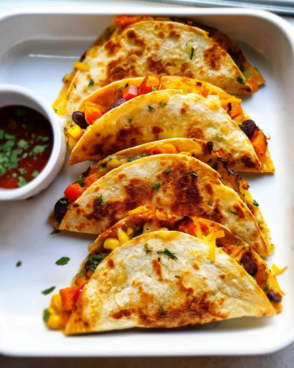 A row of golden-brown Mini Veggie Quesadillas filled with corn, beans, and peppers, served with salsa.