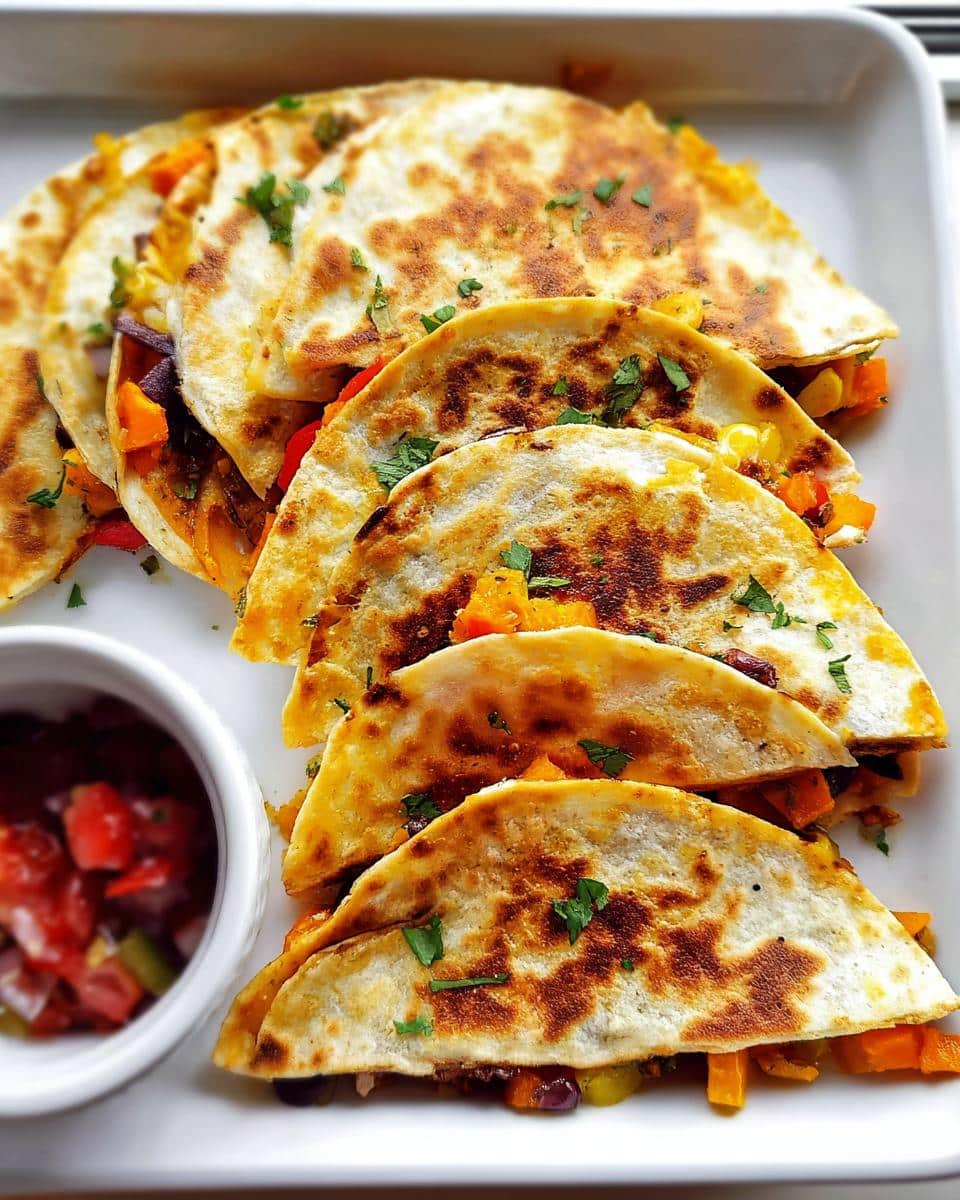 A row of golden brown Mini Veggie Quesadillas filled with colorful vegetables, served with a side of salsa.