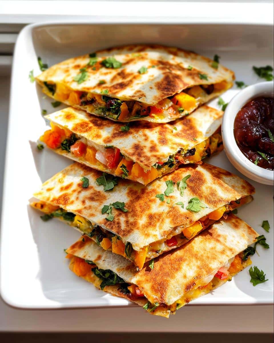 Four stacked wedges of golden brown Mini Veggie Quesadillas filled with orange squash and greens, garnished with cilantro.