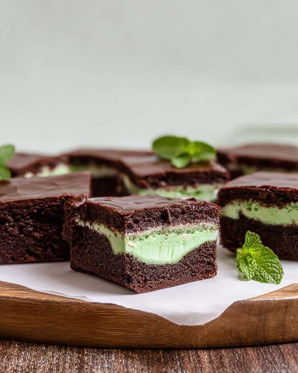 A close-up of a Mint Chocolate Aero-Style Brownie slice showing a thick, bright green mint layer between two chocolate brownie layers.