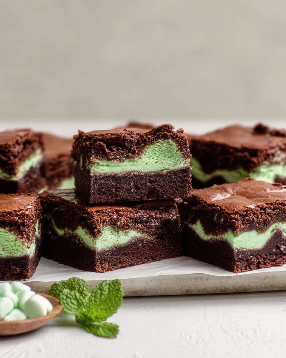 Close-up of stacked Mint Chocolate Aero-Style Brownies showing the rich dark chocolate base and bright green mint layer.