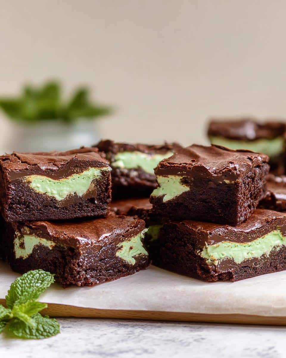 Close-up of stacked Mint Chocolate Aero-Style Brownies showing the rich chocolate top and bright green mint filling.