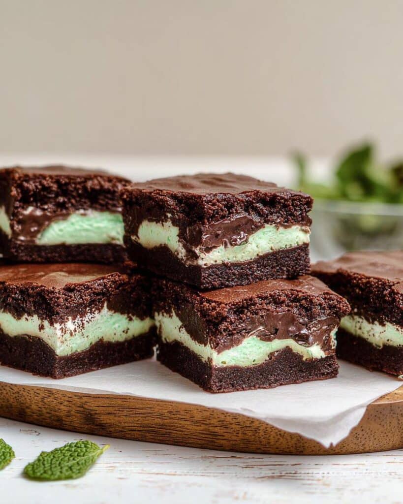 A stack of rich, dark chocolate Mint Chocolate Aero-Style Brownies featuring a bright green mint filling layer.